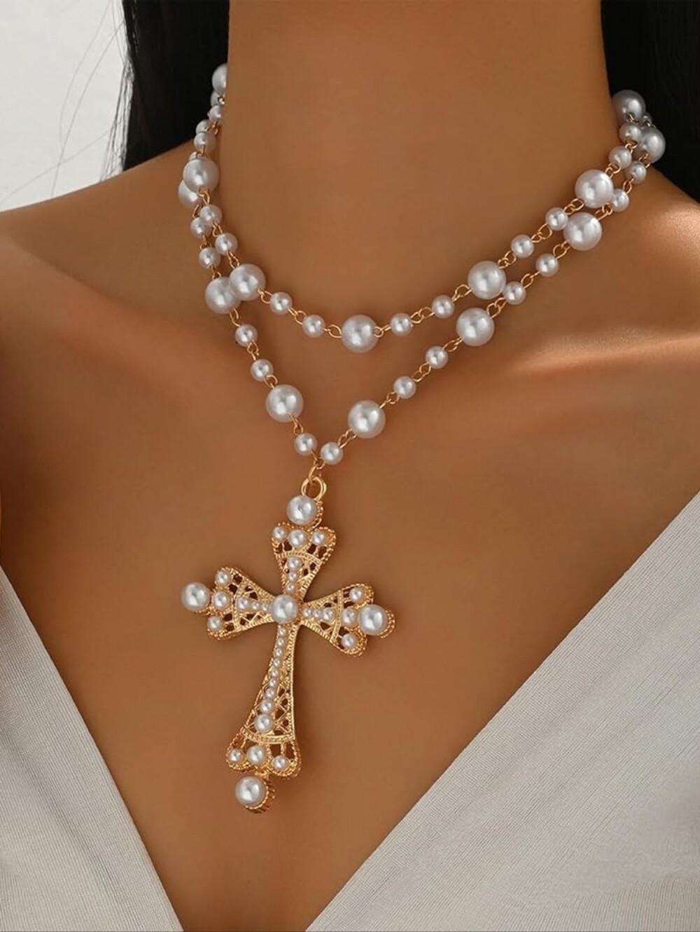 Chunky Cross Layered Necklace Big Pearl Beaded Layering Vintage Cross